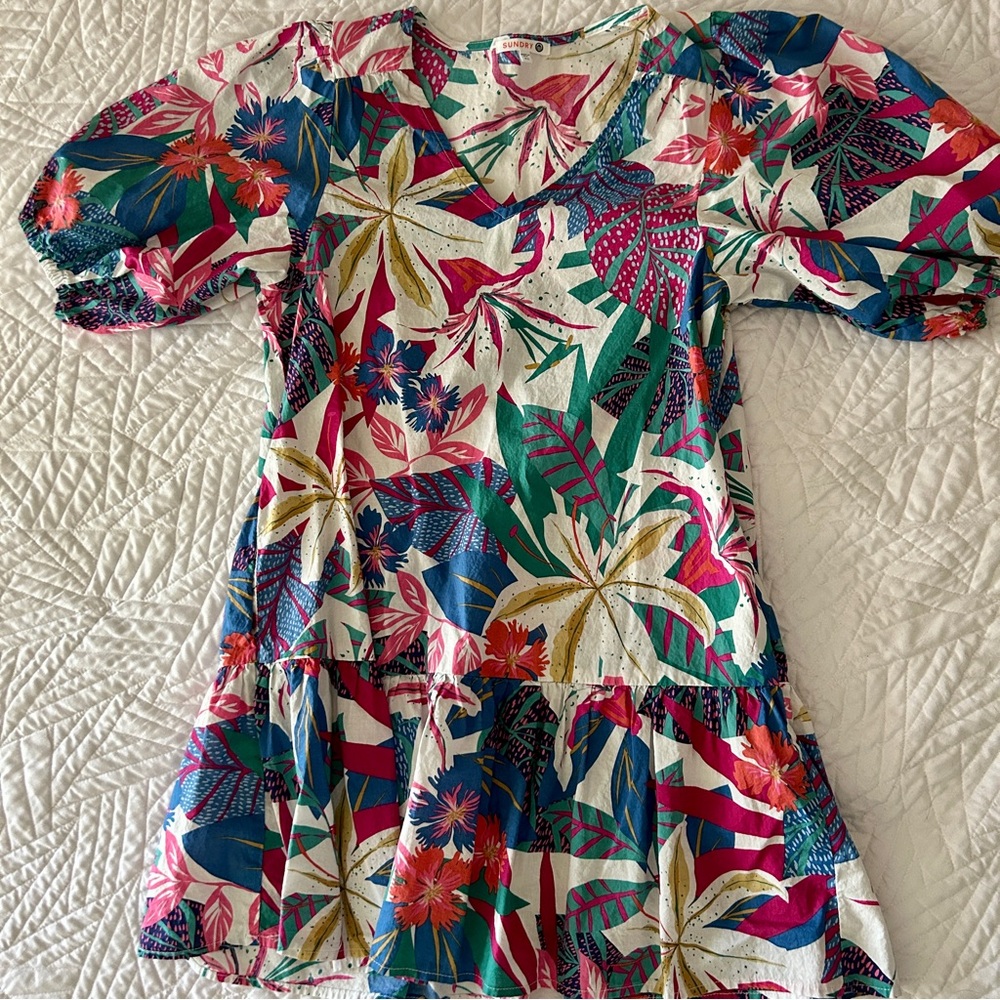 Anthropologie SUNDRY Drop Waist Dress w/ Tropical Pattern - Picture 1 of 4
